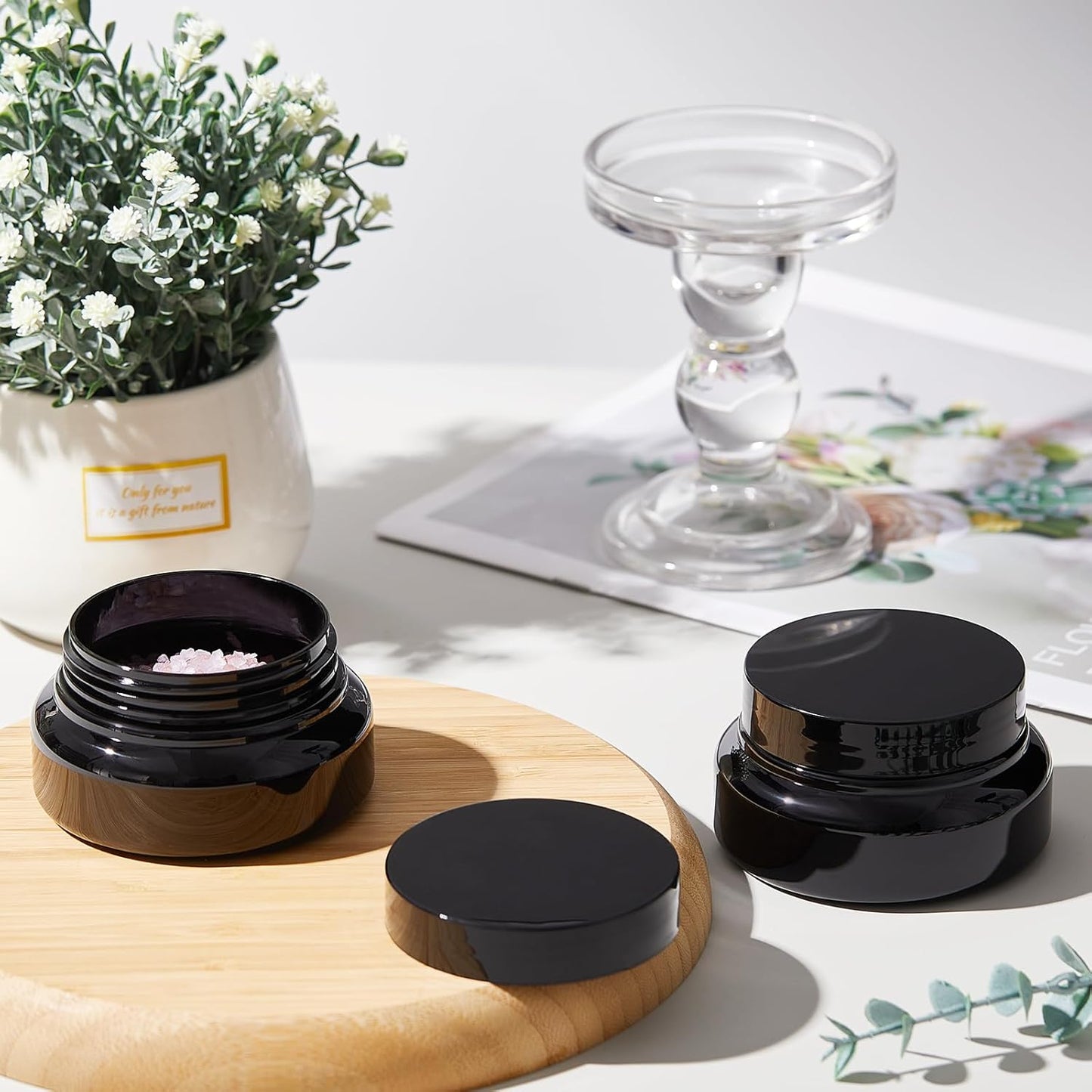 Tessco 24 Pack Plastic Jars with Lids Labels Empty Clear Plastic Jars Round Refillable Cosmetic Containers Body Butter Containers Bulk Sugar Scrub Bottle for Make Up(5 oz,Black)