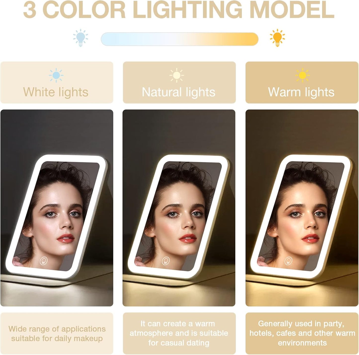 Kintion Travel Makeup Mirror, Portable LED Lighted Makeup Mirror, 360° Rotation Touch Screen Vanity Mirror, 60 LEDs, 3-Color Dimmable Lighting, Rechargeable Tabletop Folding Cosmetic Mirror, White