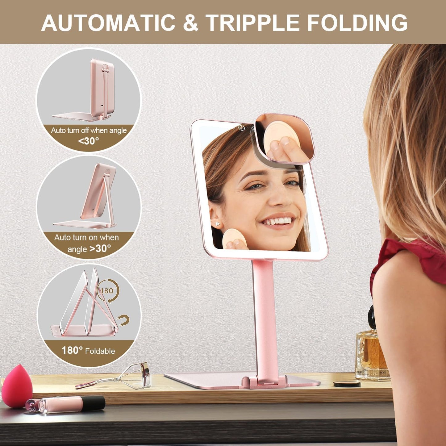 Mocado Travel Makeup Mirror with Light - 7x5 Inches Tripple Folding Travel Mirror with Light, 3 Colors Lighted Makeup Mirror, Portable Makeup Mirror, Freely Adjust Height and Angle(Rose Gold)