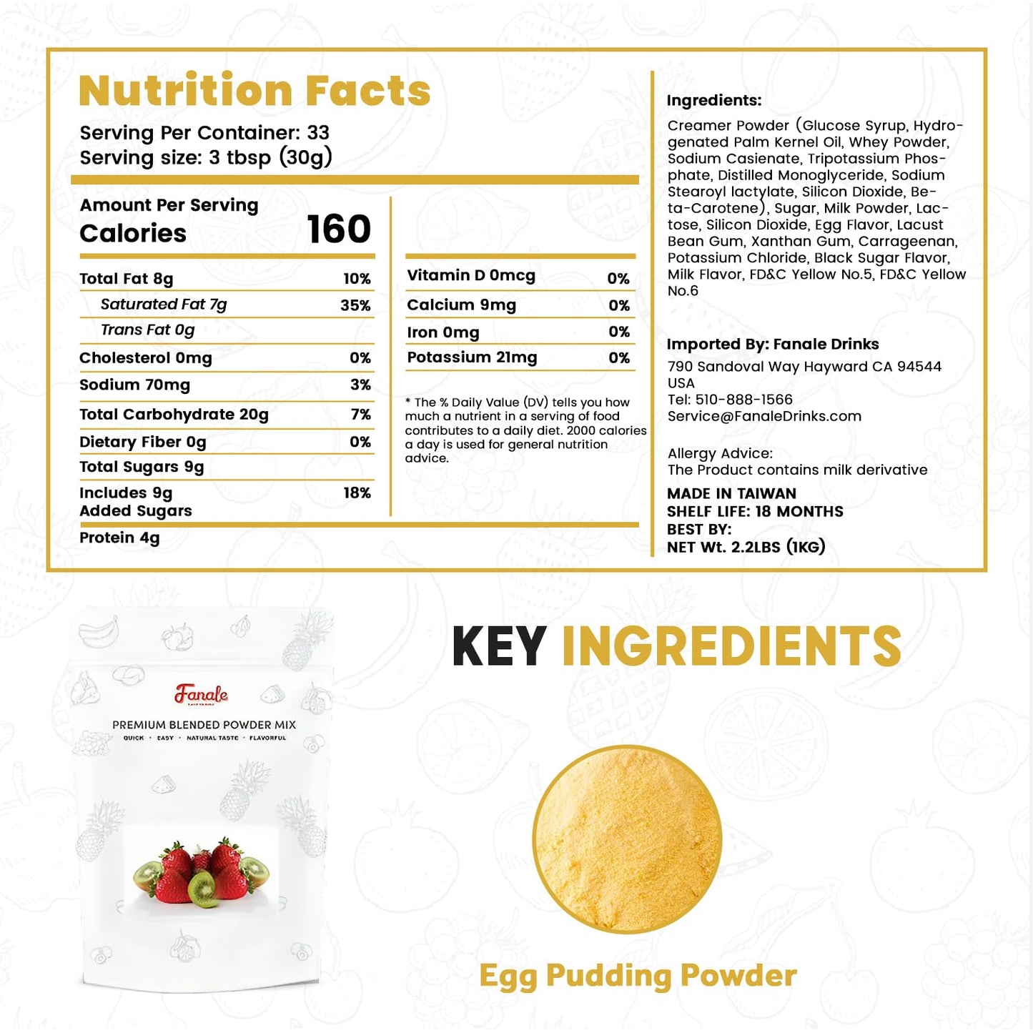 Fanale Premium Egg Pudding Bubble Tea Flavoring Powder | Perfect for Baking, Smoothies, Desserts and Drinks | Instant Flavoring Powder for Boba Milk Tea - 2.2 Pounds (Pack of 20).