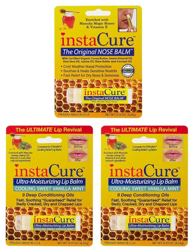 InstaCure Original Nose Balm With Raw Manuka Honey Vitamin E Shea Butter Aloe Vera Oil And Vanilla Mint Ultra-Moisturizing Max Repair/Protective Lip Balm - Fast Relief for Dry Nose & Soreness (3 Pack)