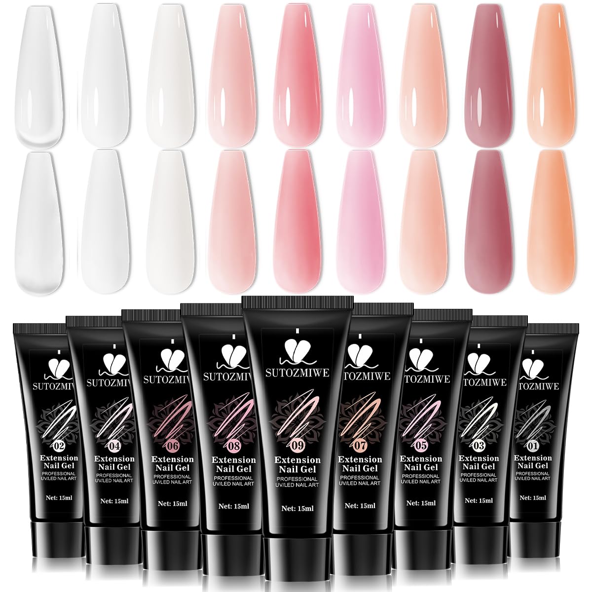 9 Colors Poly Extension Gel Nail Kit Clear Milky White Pink Nude Builder Gel for Nails Quick Dry Long Lasting Durable Polygel Nail Extension Kit for Starter Salon DIY Home Use