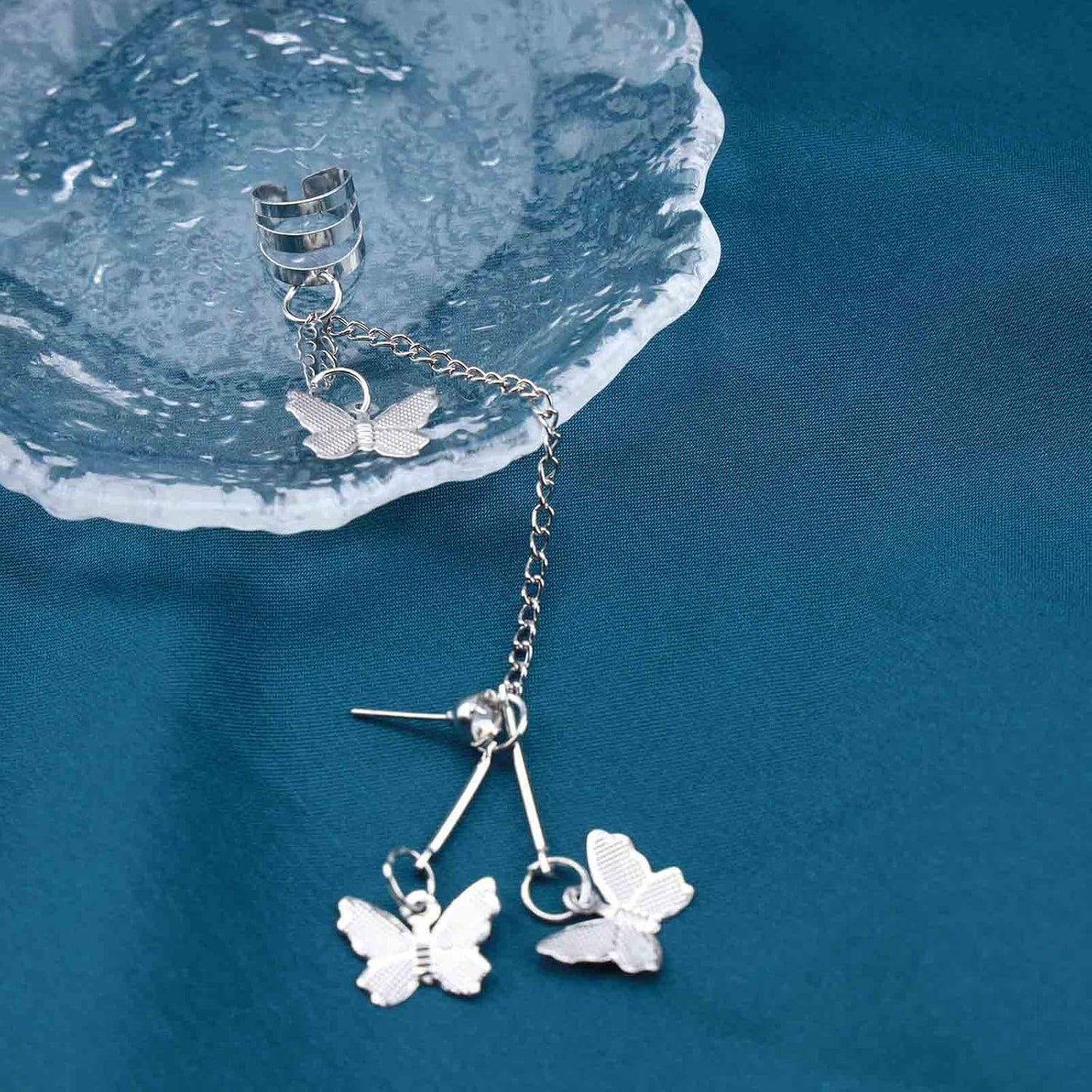 Silver Butterfly Chain Tassel Cuff Earrings Vintage Long Butterfly Hinge Dangle Drop Earrings Single Butterfly Ear Clips Statement Butterfly Crawler Cuff Earrings Jewelry for Women Girls