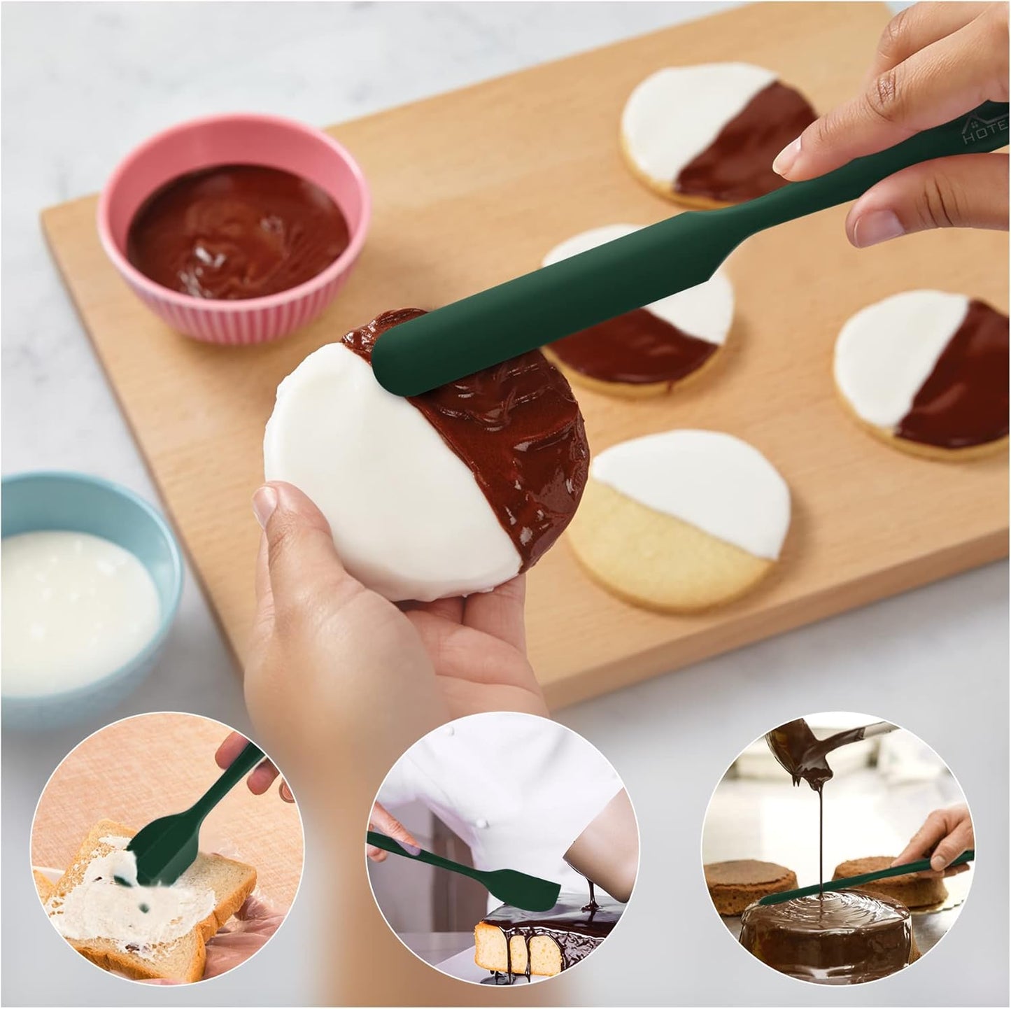 HOTEC 600℉ Heat Resistant BPA-Free Silicone Rubber Spatula Set,Kitchen Cooking Spatulas, Baking, Mixing for Non Stick Cookware, Dishwasher Safe, Dark Green Set of 5