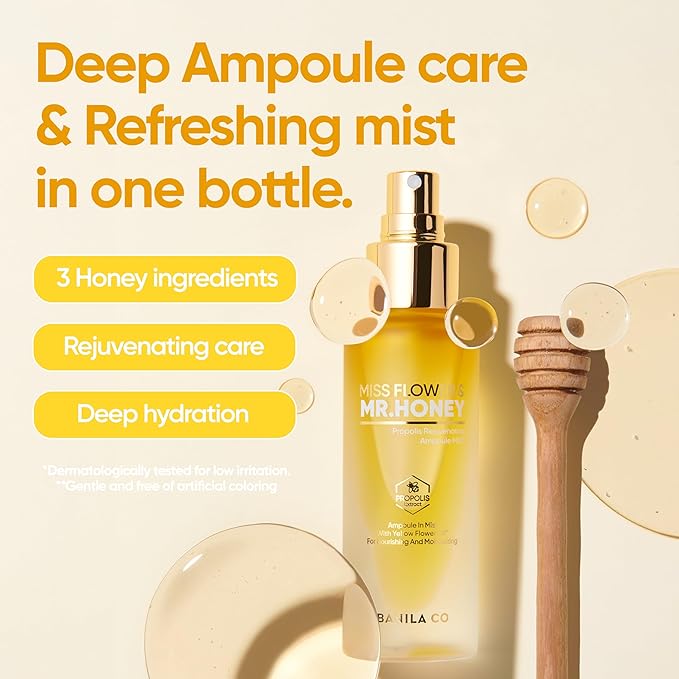 BANILA CO Miss Flower & Mr Honey Propolis Ampoule Mist | Nourishing Skin Double Layer & Moisturizing Makeup Fixer Setting Spray | Hydration Boost, Radiant Glow Serum (99ml / 3.34 fl oz)