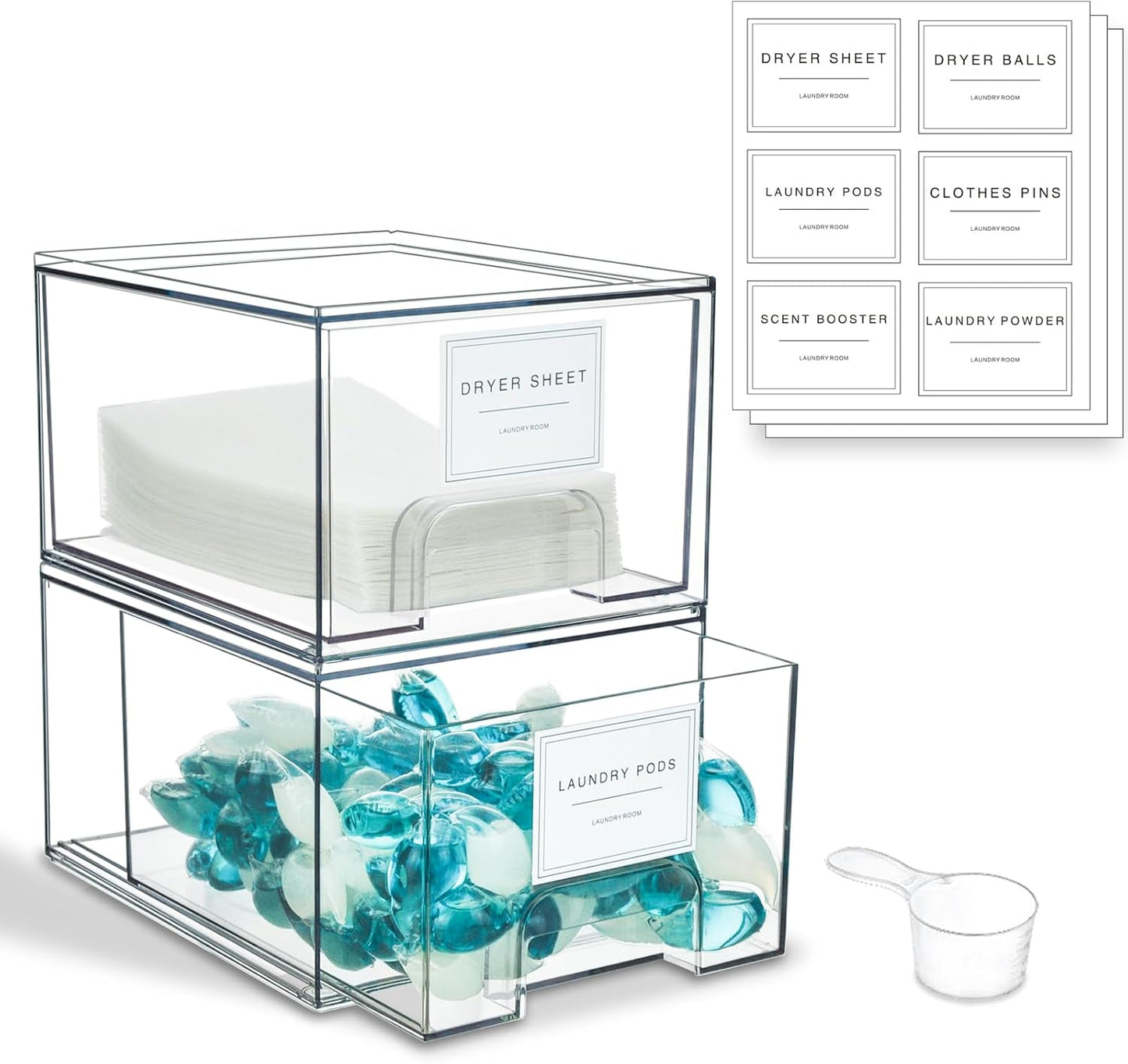 2 Pack Laundry Room Organization and Storage Containers with Labels, Stackable Clear Plastic Storage Drawers for Dryer Sheet Holder, Laundry Pods Container, Laundry Room Decor for Organizing