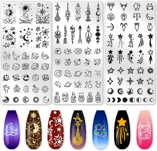 3Pcs Sun Moon Star Nail Stamping Plate Nail Stamping Templates French Tip Nail Art Stamp Plates Image Plate Stainless Steel DIY Reusable Tools for Manicure Printing