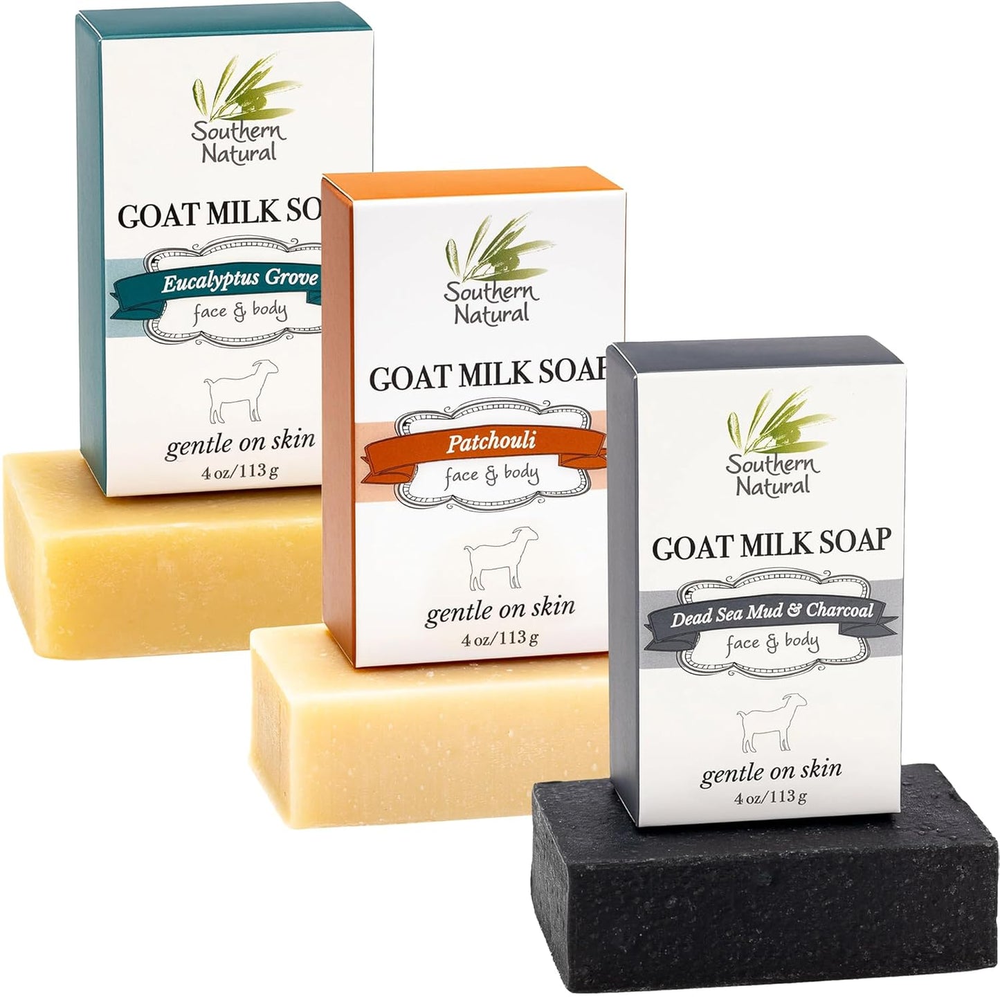 Southern Natural Goat Milk Soap Bar (Variety 3 Pack) Dead Sea Mud & Charcoal, Patchouli, Eucalyptus Grove - For Dry Sensitive Skin. Great For Face and Body.(Each Bar 4-4.5 oz)