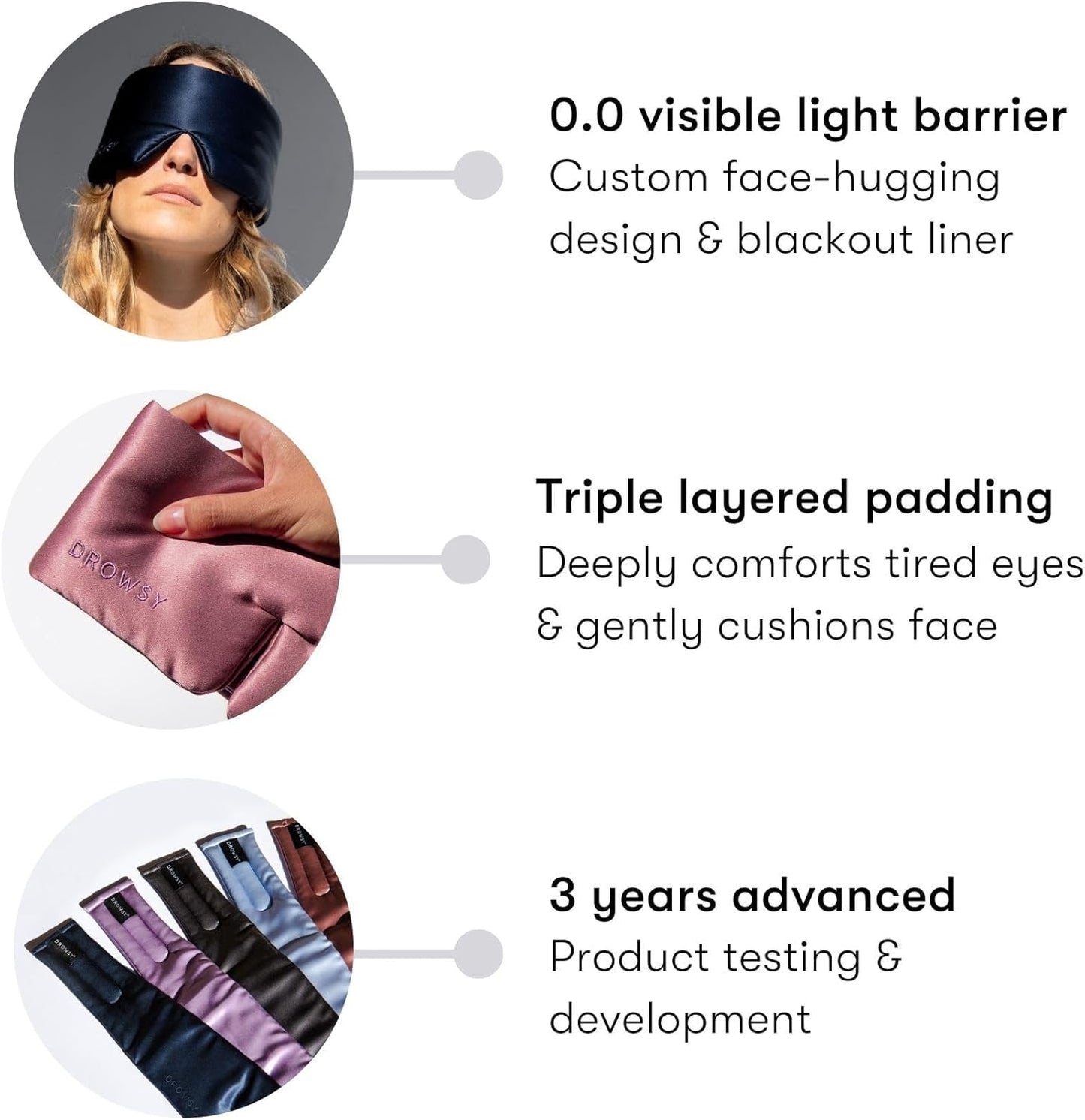 DROWSY Silk Sleep Mask. Face-Hugging, Padded Silk Cocoon for Luxury Sleep in Total Darkness. (Midnight Blue)