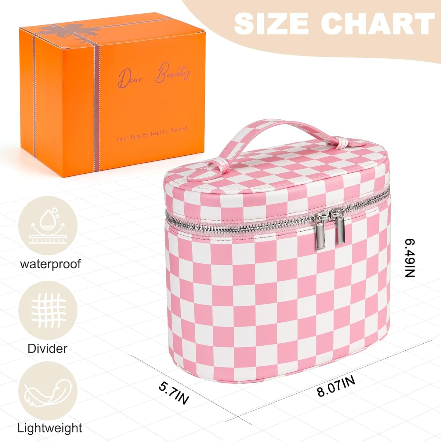 Makeup Bag Vanity Case Cosmetic Bag with Removable Divider Travel Toiletry Bag for Women Portable Make up Box Organizer, Pink and White