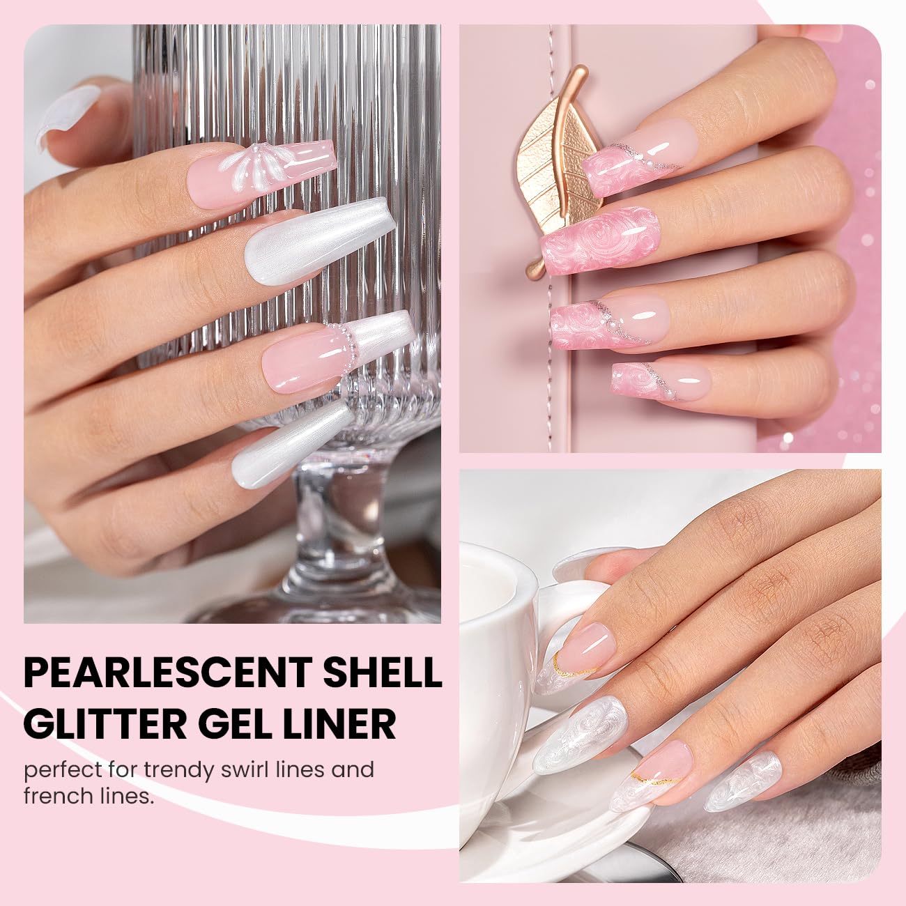 RARJSM Pearl Nail Art Gel Liner 2 Pcs Set Pearlescent Milky Silver White and Pink Shell Glitter Swirl Effect Gel Nail Polish 8ml Build in Thin Brush Painted Drawing Striper GelPolish Curing Requires