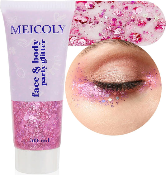 MEICOLY Pink Face Glitter,Pink Body Glitter,Sparkly Hair Glitter,Singer Concerts Lover Heart Chunky Glitter,Pink Glitter Makeup,Mermaid Glitter Face Paint