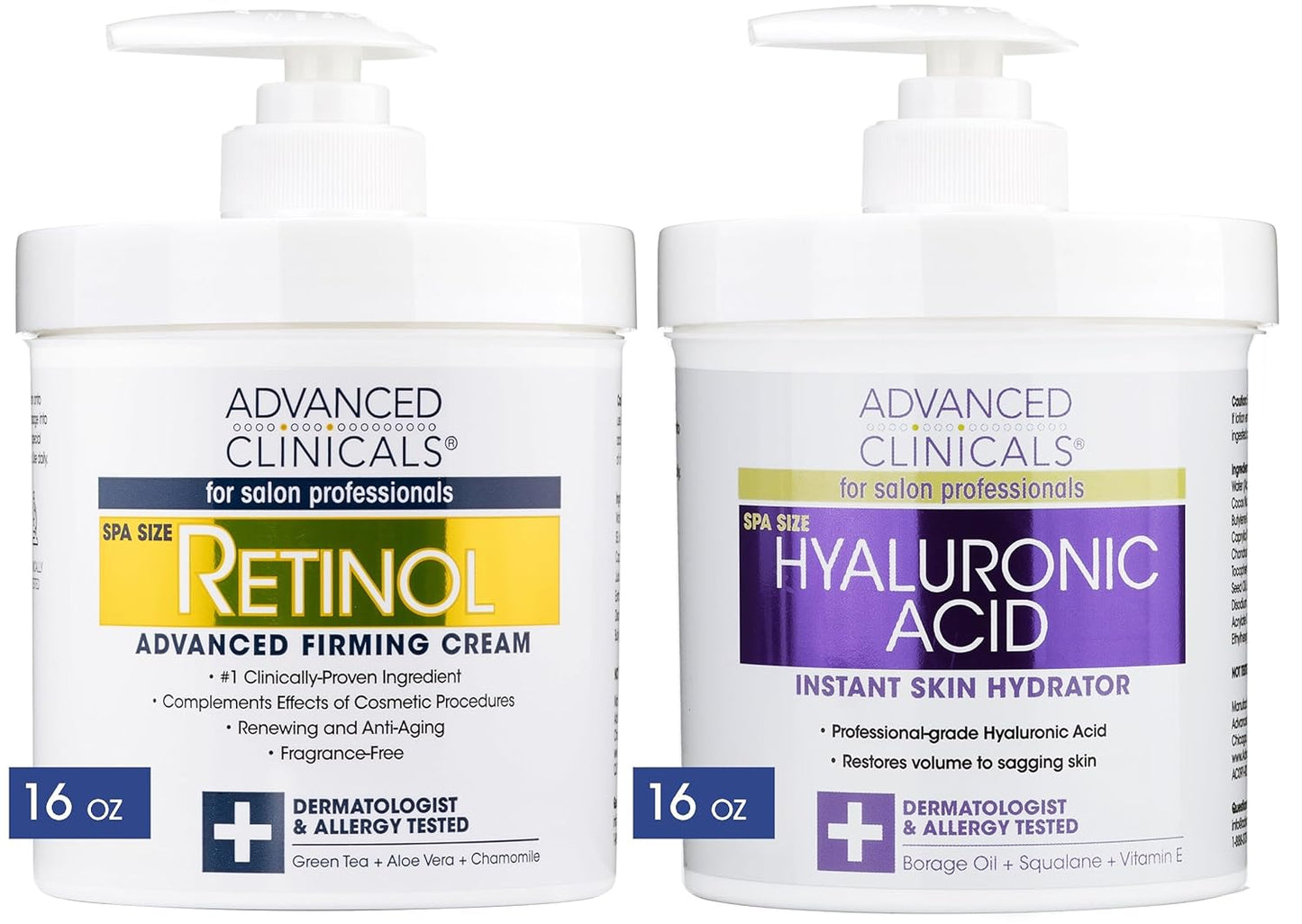 Advanced Clinicals Retinol Cream + Hyaluronic Acid Lotion Face & Body Skin Care. Anti Aging Dry Skin Rescue Creams Reduce Appearance Of Wrinkles, Fine Lines, & Sagging Skin, 16 Oz (Pack of 2)
