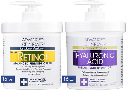 Advanced Clinicals Retinol Cream + Hyaluronic Acid Lotion Face & Body Skin Care. Anti Aging Dry Skin Rescue Creams Reduce Appearance Of Wrinkles, Fine Lines, & Sagging Skin, 16 Oz (Pack of 2)