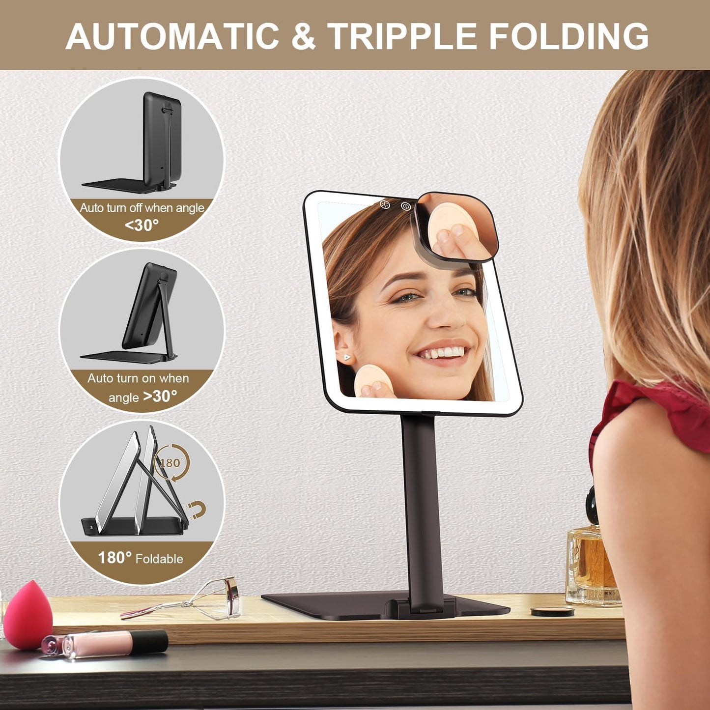 Mocado Travel Makeup Mirror with Light, Tripple Folding Vanity Mirror with Lights, 3 Colors Lighted Makeup Mirror, 1500mAh Rechargeable, Memory Function, Freely Adjust Height and Angle(Black)