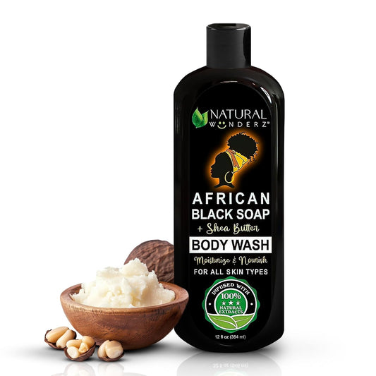 African Black Soap Body Wash, 12 oz – Sulfate‑Free, Vegan Cleanser with Shea Butter – Soothing, Detoxifying Shower Gel for Men & Women