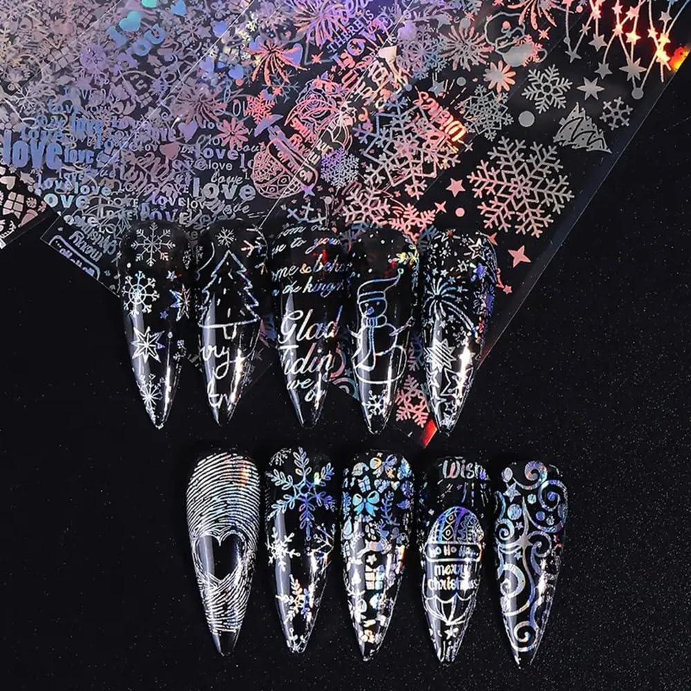 1Box 10 Rolls Laser Silvery Snowflake Nail Art Transfer Stickers 3D Christmas Tree Snowman ELK Starry Sky Paper Decals Rose Letter Gift Manicure Supplies Christmas Nail Foil Transfer Stickers Decals