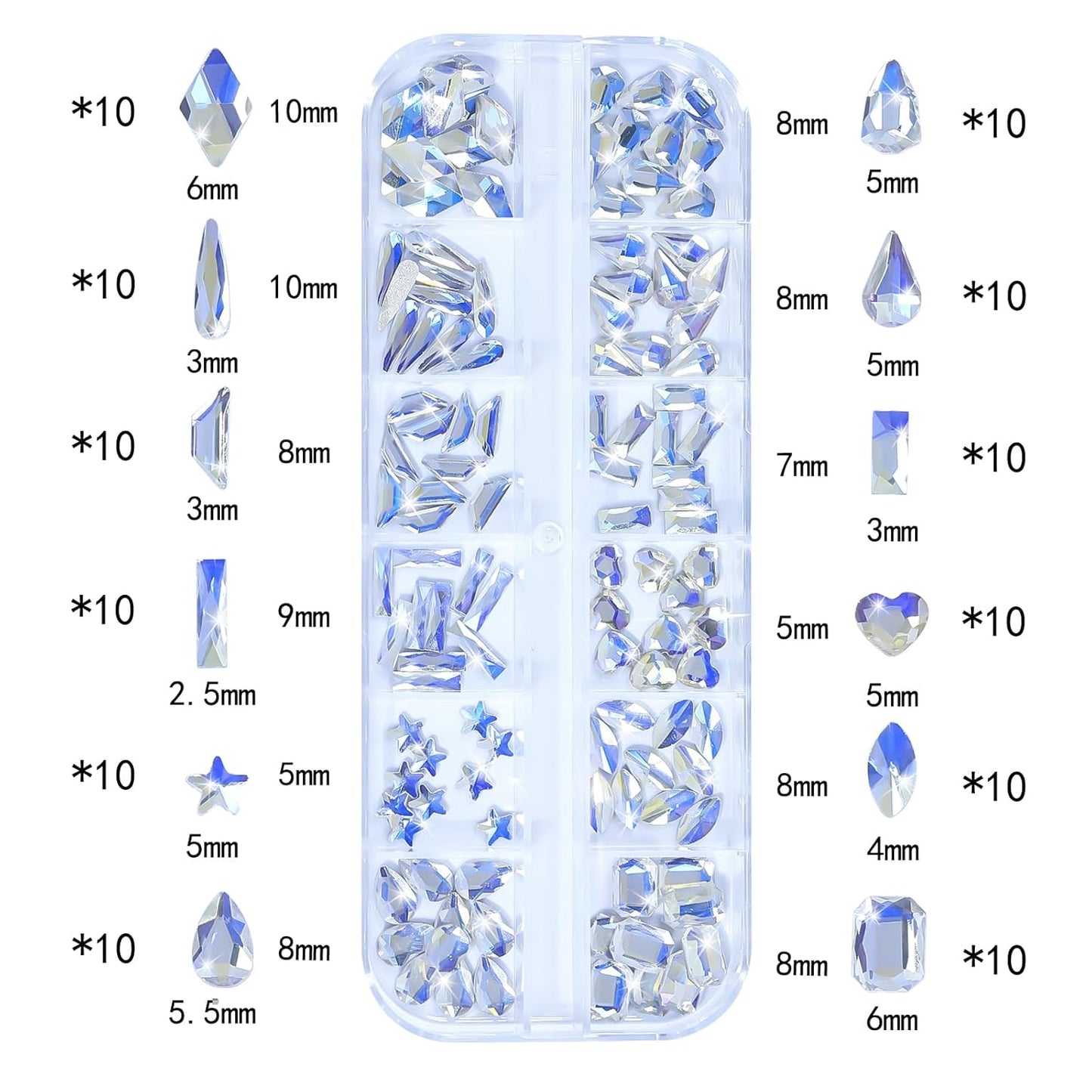 HNUIX Nail Rhinestones - 3D Multi Shape Size, Crystal Blue Moonlight Nail Gems, Flat Back, with Kit, for Nail Art, DIY Decorations