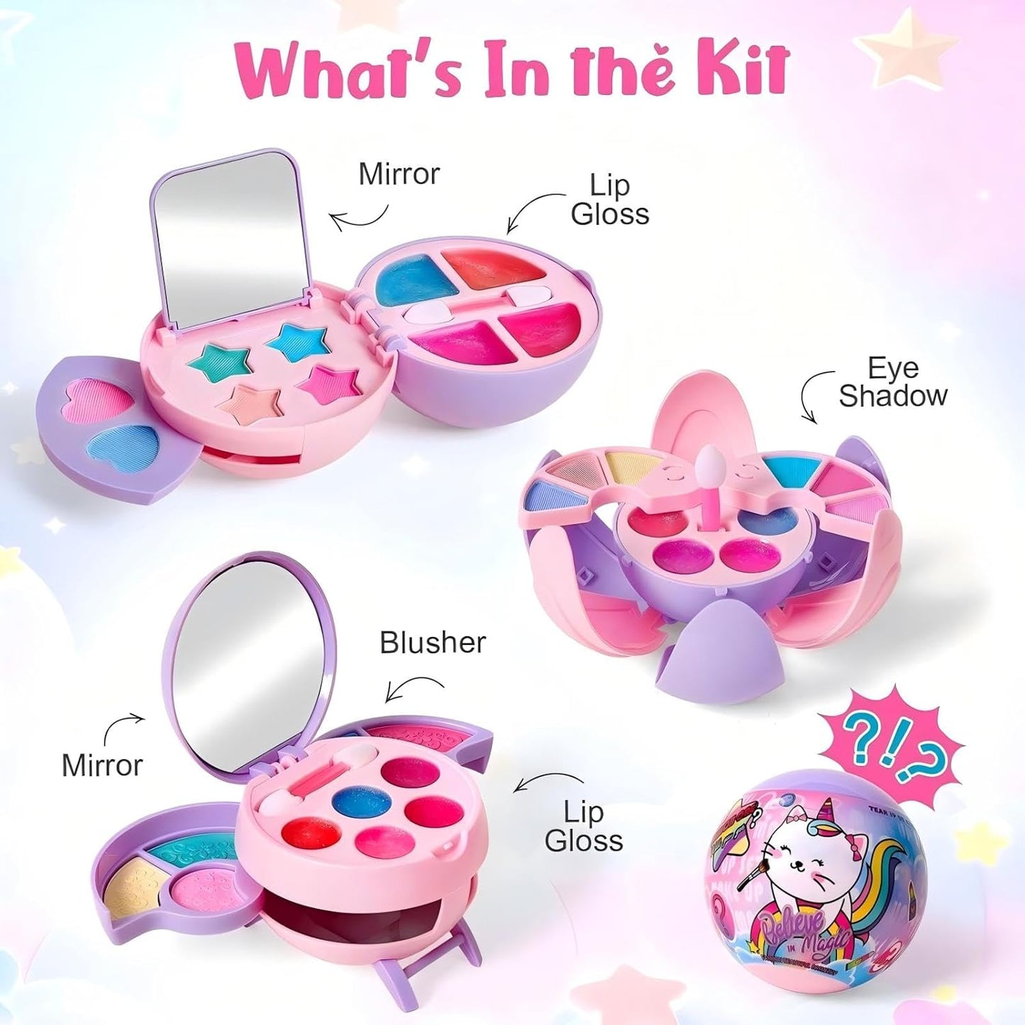 12 Pack Kids Makeup Blind Ball Party Favors - Surprise Cosmetic Blind Balls with Lip Gloss, Eyeshadow & Sponge Blusher (3 Styles, 2 with Mirrors), Party Favors Supplies Gifts for Girls