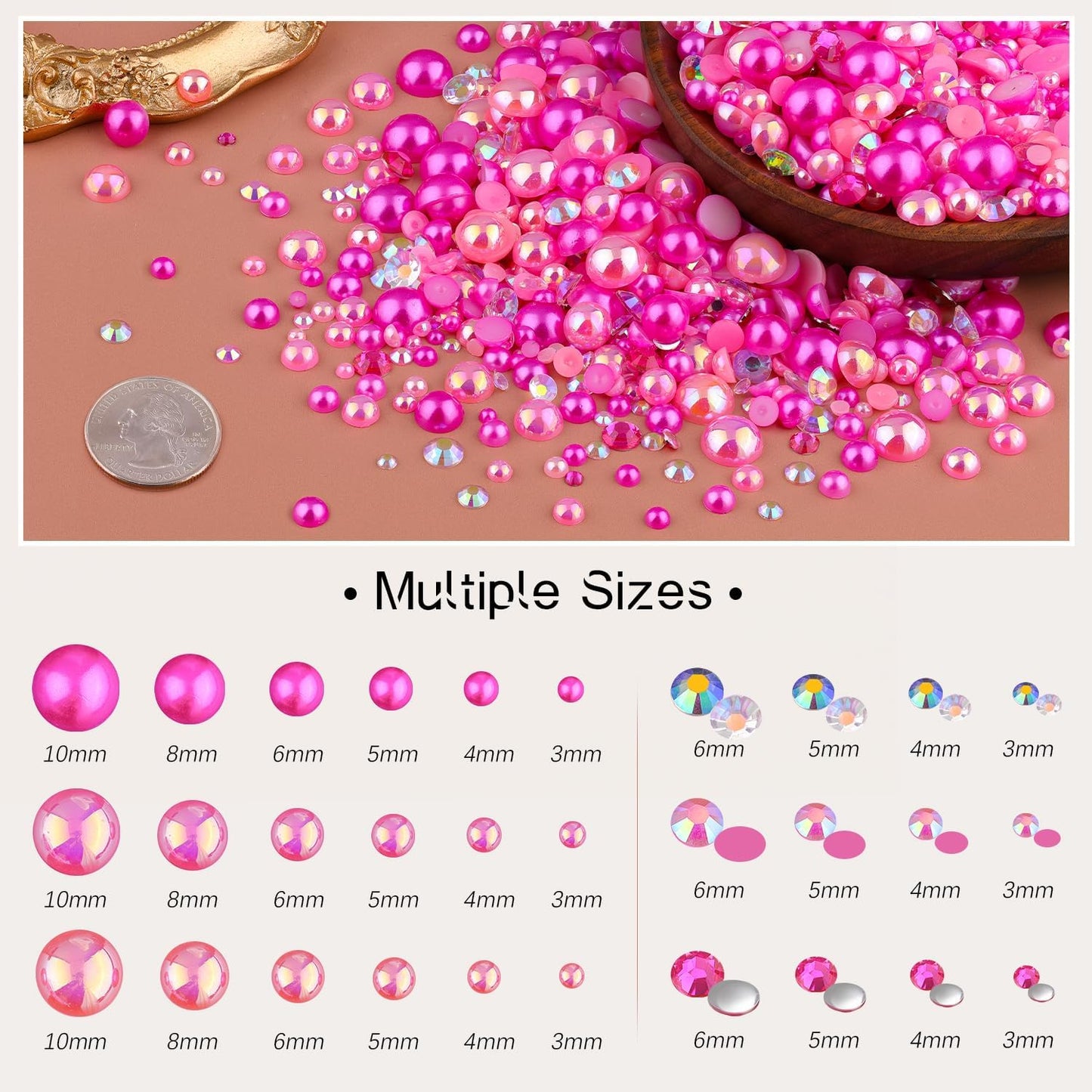 80g Flatback Pearls and Rhinestones for Crafting, Dark Pink 3-10mm Resin Rhinestones and Half Pearls for Bedazzling, Nail Art and Dec with 3pcs 10ml B7000 Jewelry Glue, Tweezer and Pickup Pencil
