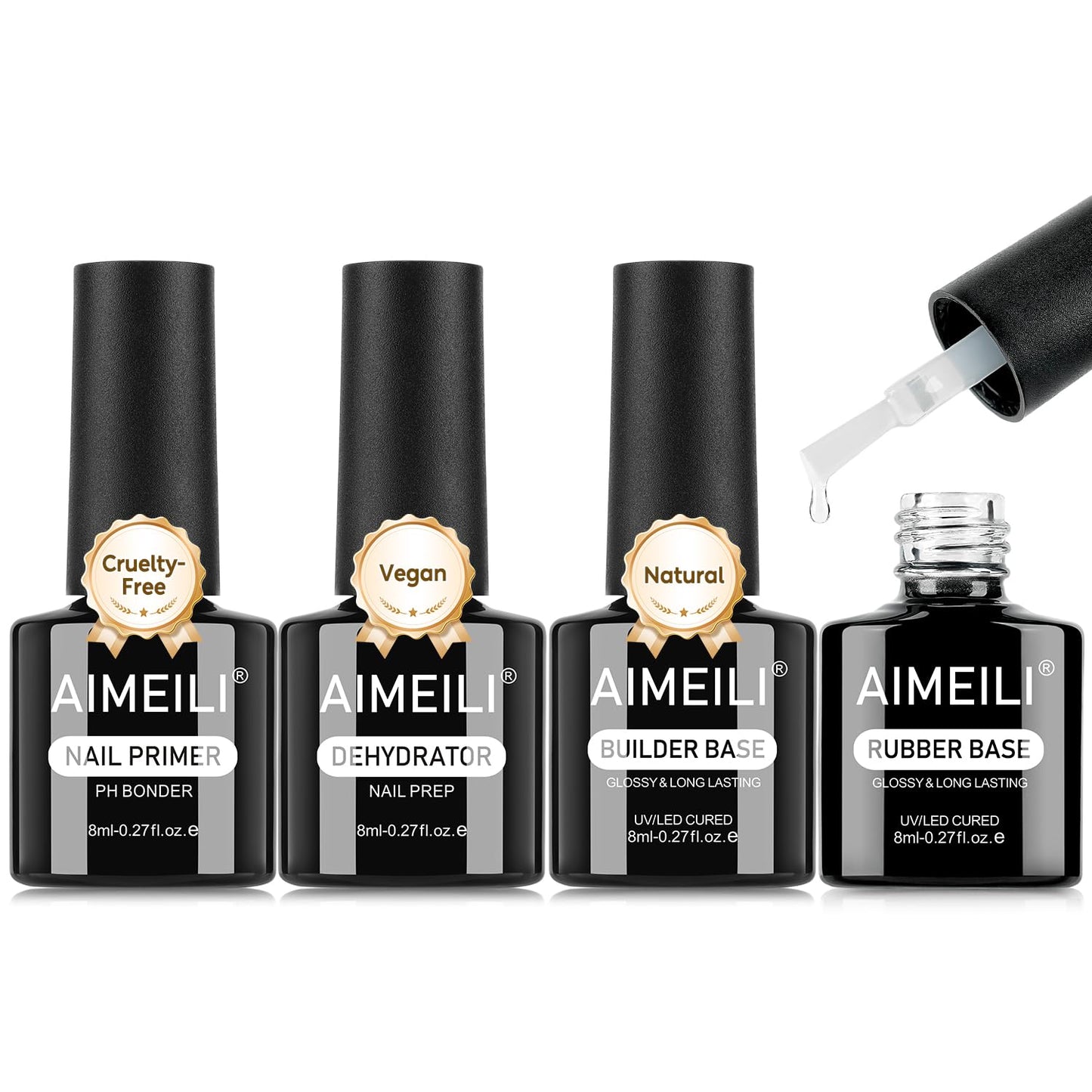 AIMEILI Gel Nail Polish 4pcs, Hema Free, Cruelty Free, Vegan, U V LED Nail Art - Nail Dehydrator Primer, Builder Nail Gel, Rubber Base