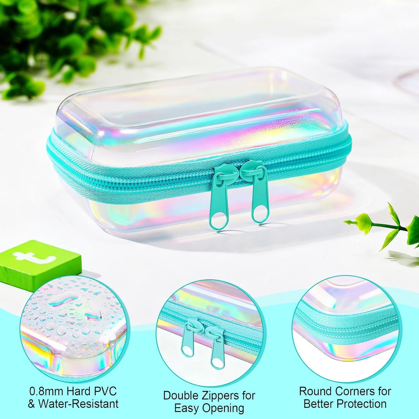 Sanwuta 6 Pcs Clear Hard Zipper Case Pencil Pouches Hard Plastic Zipper Pouches Makeup Bag Transparent Cases for Snacks Plastic Storage Organizer Box for Travel(Holographic,5 x 3 x 2 Inch)