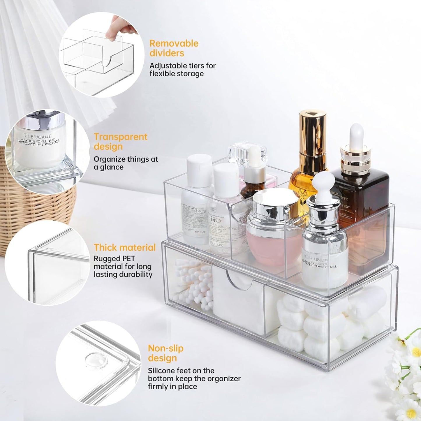 Medicine Cabinet Organizer 2 Pack, Stackable Storage Drawers with Removable Divider, Make Up Organizer for Bathroom Mirror Cabinets, Vanity, Closet, Countertop - Clear