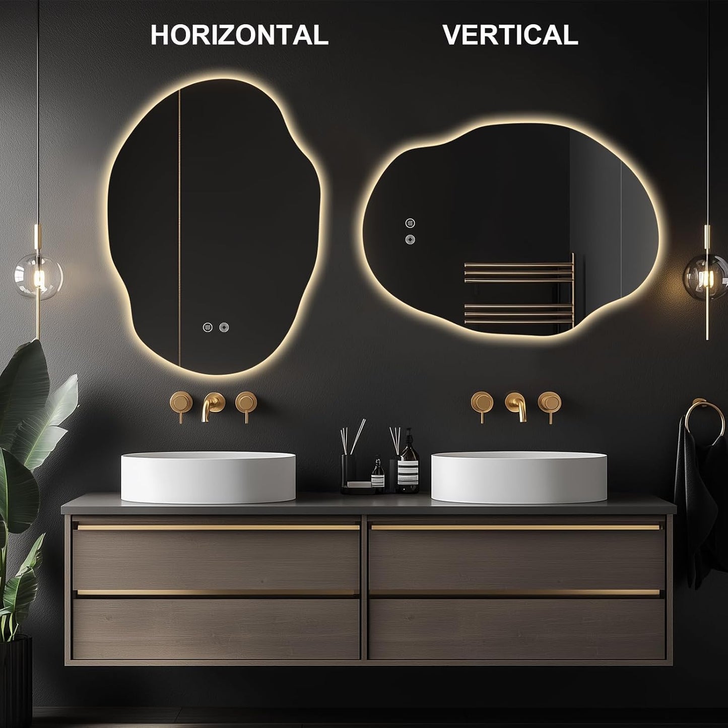 LED Bathroom Mirror with Lights,Asymmetrical Led Bathroom Vanity Mirror for Wall with Front and Backlit, Anti Fog, 3 Colors and Dimmable Light,[Horizontal/Vertical] 35" H x 25" W