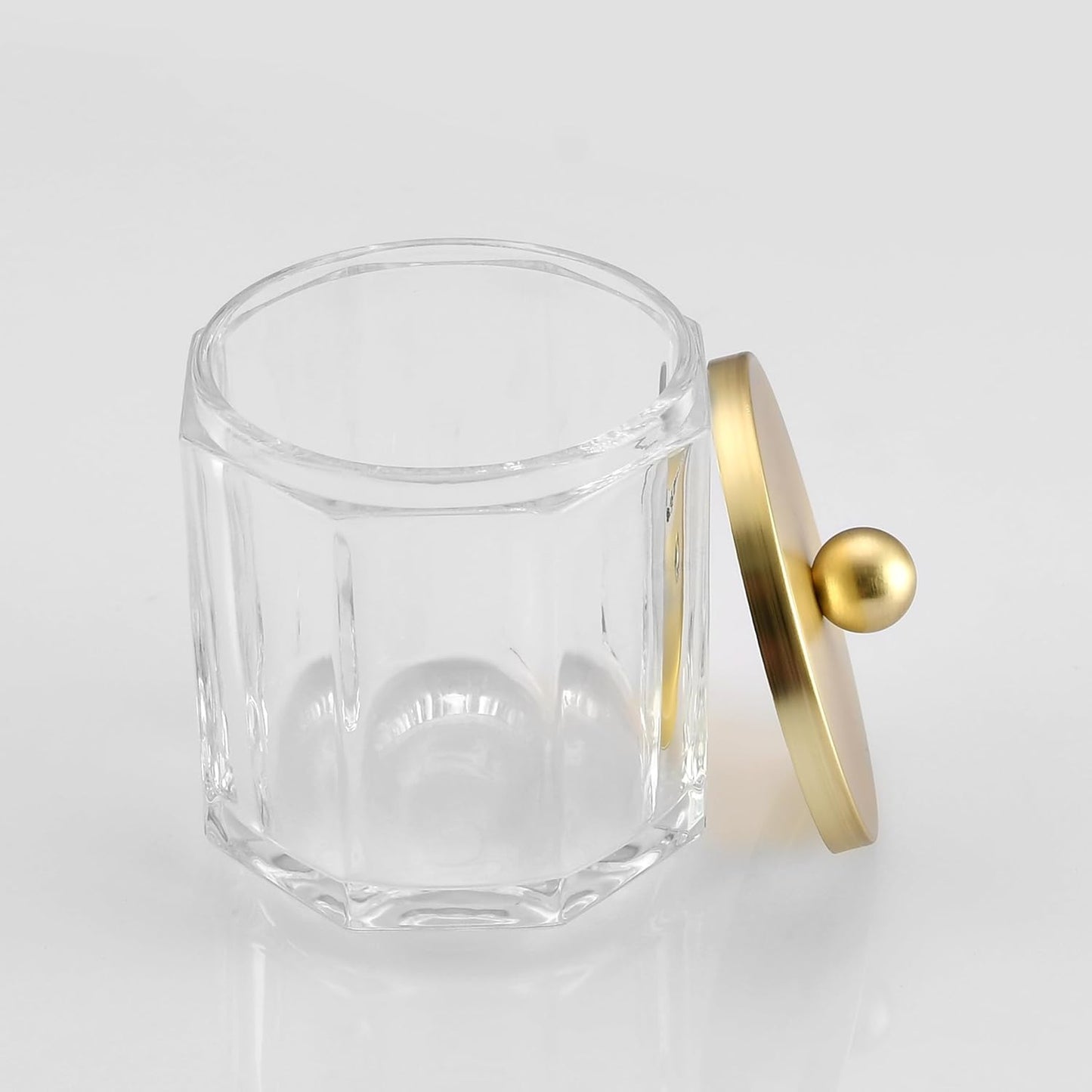 Home Glass Cotton Jar Holder Matte Gold Lid, Elegant Bathroom Storage Canister for Qtips, Cotton Balls, Floss, Makeup Organizer, Vanity Bathroom Organization