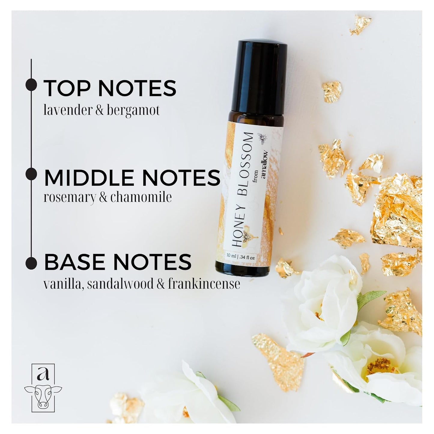 Amallow All Natural Non-Toxic Perfume Roller - Made With Pure and Organic Essential Oils - Hints of Honey, Vanilla, Lavender, Frankincense, Bergamot, Rosemary & Chamomile (Honey Blossom)