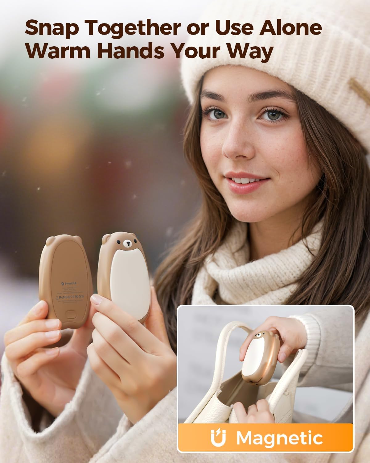 SWEETFULL Hand Warmers Rechargeable – Cute Bear, 2 Pack Magnetic Hot Hands, Reusable Electric Pocket Heater, Great Gift for Daughter, Kids, Wife, or Bestie, Portable for Outdoor & Camping