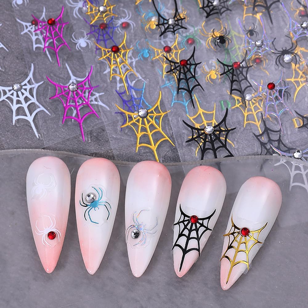 5Sheets 5D Embossed Nail Stickers, Halloween Spider Web with Rhinestone Design Self-Adhesive Nail Decals, White, Black, Rainbow, Gold, Laser Silver Nails Adhesive Sliders for Women Art Decorations