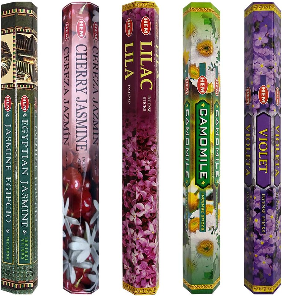 TRUMIRI Incense Sticks Variety Pack #13: 5 Fragrances (Egyptian Jasmine, Cherry Jasmine, Lilac, Camomile, Violet) - 100 Sticks (20 of Each) with Holder