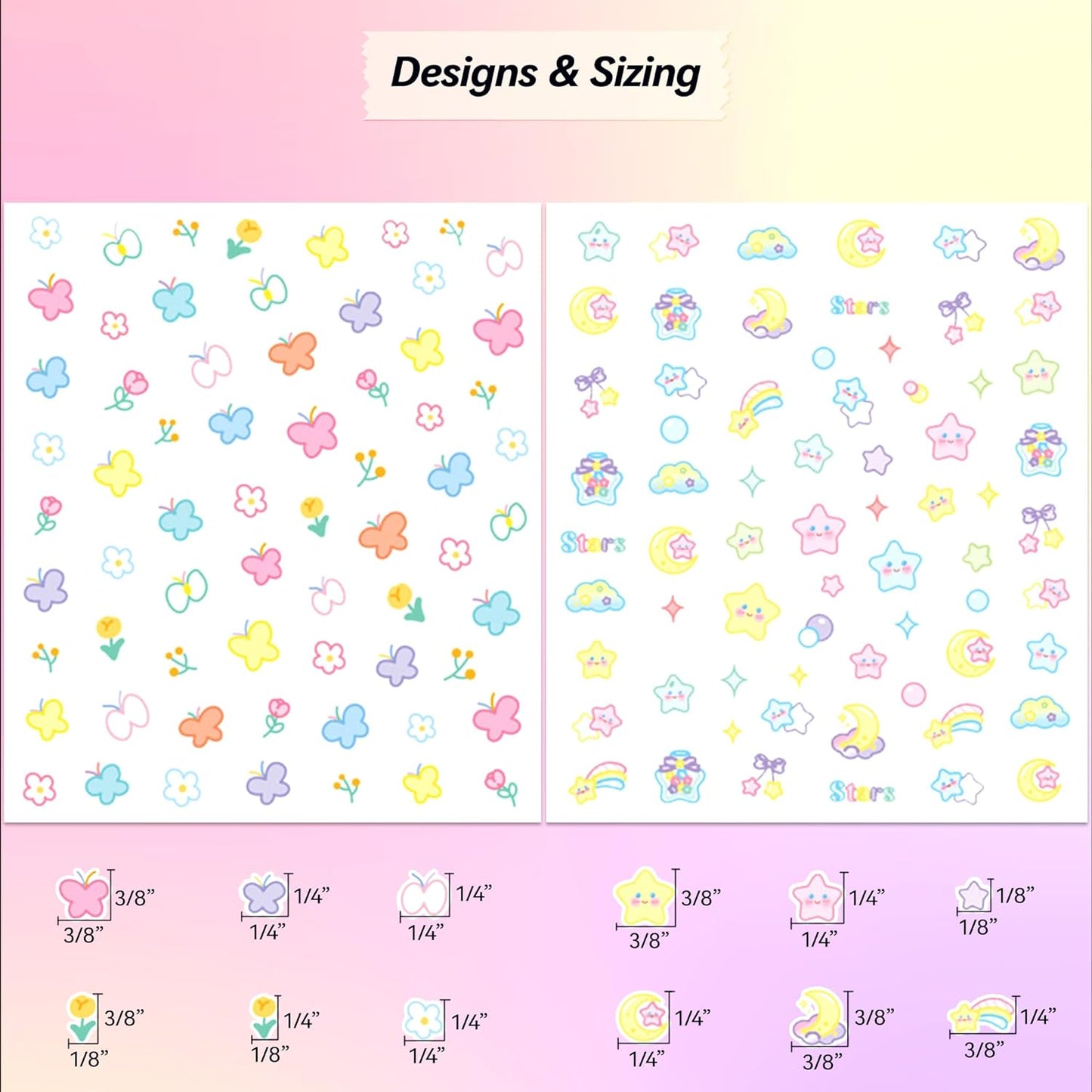 4 Sheets of 3D Nail Stickers - 289 Cute Nail Decals - Embossed Nail Stickers for Kids | Kawaii Theme - Butterfly, Flowers, Stars, Fruits, Bunny, Bears | Glow in The Dark