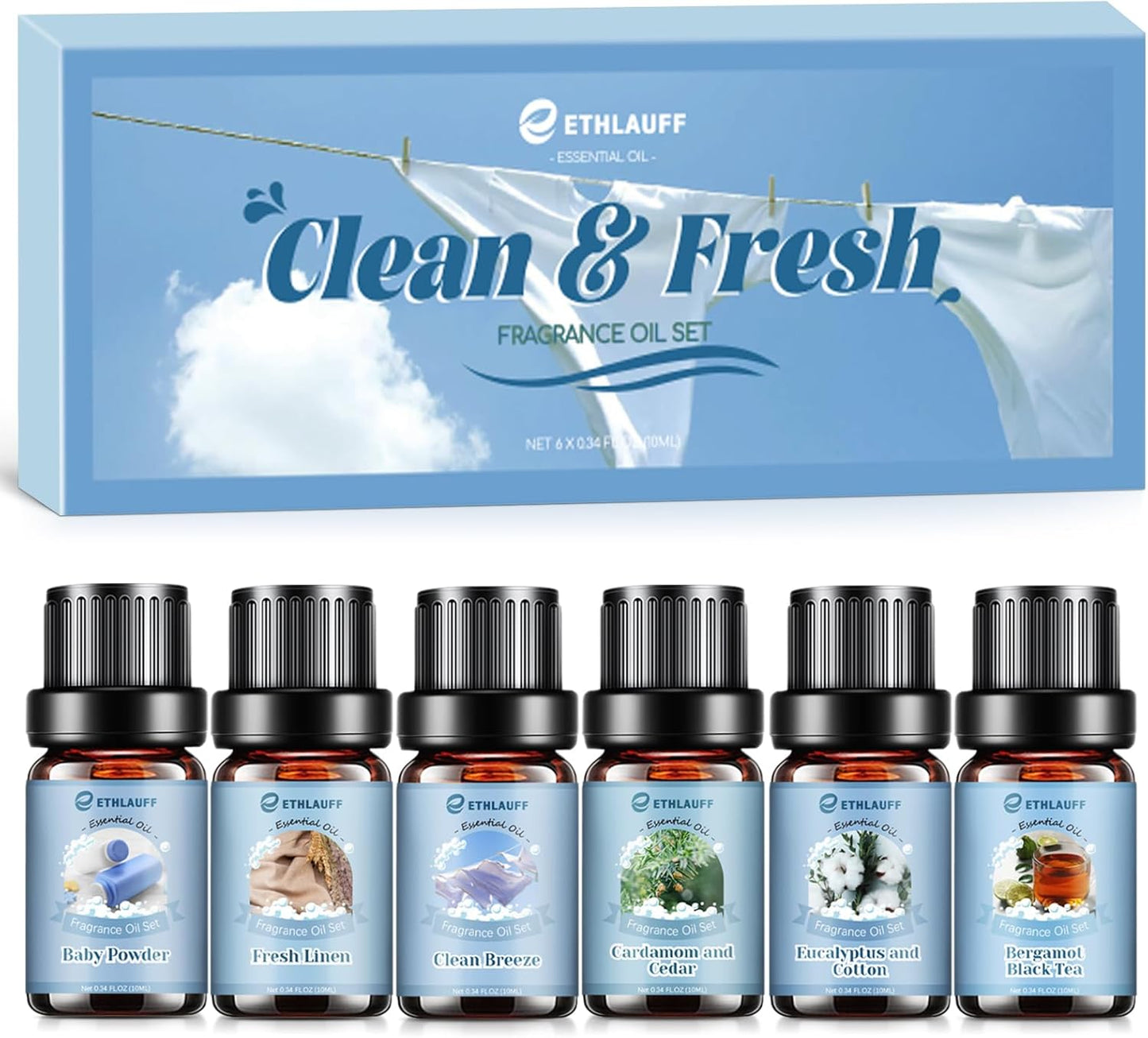 Clean Essential Oils Set, Laundry Collection Essential Oils Set, Pack of 6 Fragrance Oil for Diffuser for Home, Use with Wool Dryer Balls Scents - Fresh Linen, Clean Breeze, Eucalyptus and Cotton