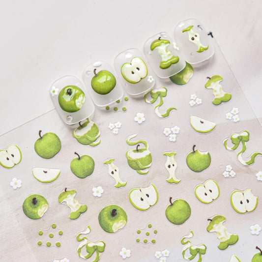 5D Embossed Nail Stickers for Nail Art Green Apple Nail Art Stickers White Flower Nail Decals Self Adhesive Spring Nails Supplies for Women Girls