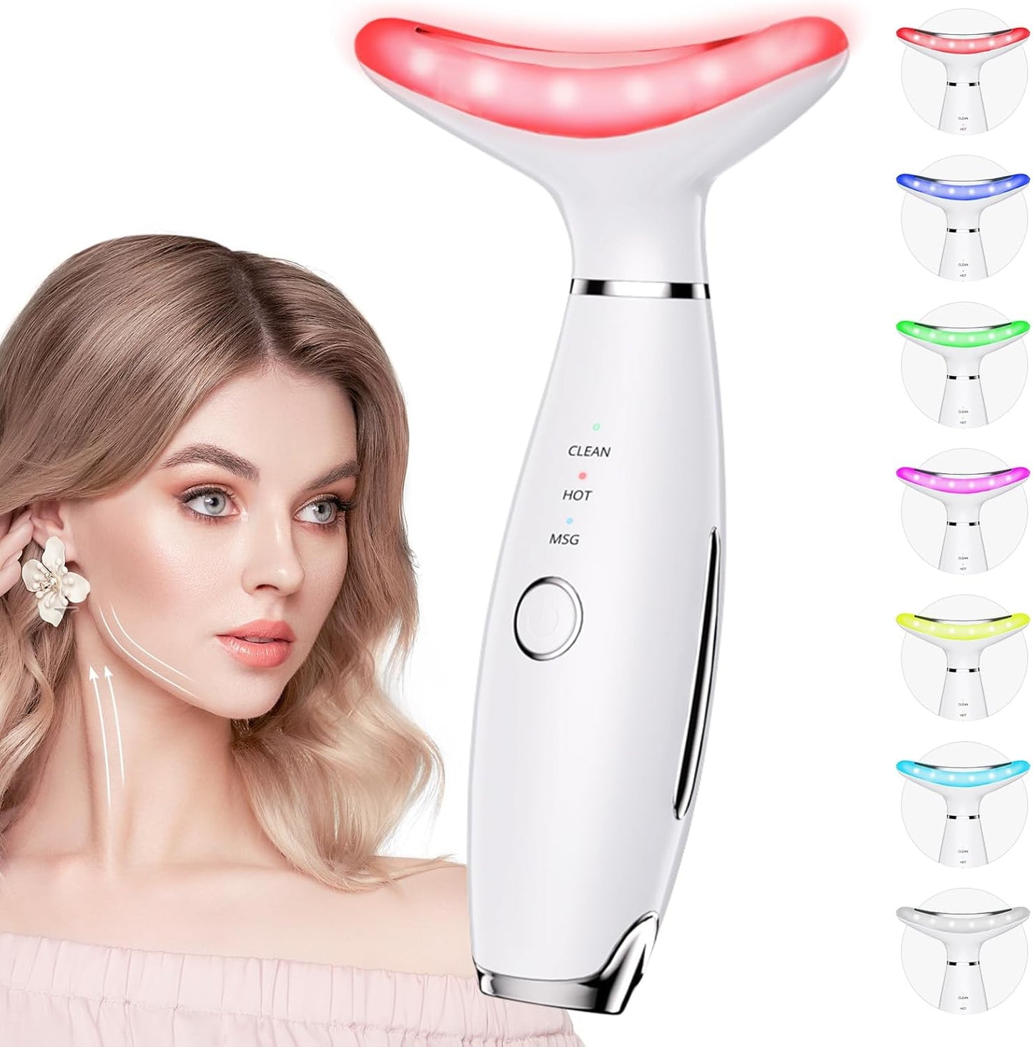 7 Color Galvanic Machines - Red Light Therapy for Face and Neck, Face Massager Tool for Wrinkles, Double Chin, Vibrating Facial Massager with Thermals, White