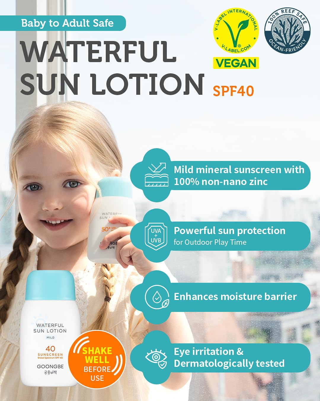 Waterful Sun Lotion Mild SPF 40 - Zinc Oxide Water Resistant Mineral Sunscreen for Babies, Kids & Adults - Hypoallergenic, Vegan, Reef-Safe - Korean Sun Care for Sensitive Skin, 2.82 fl.oz.