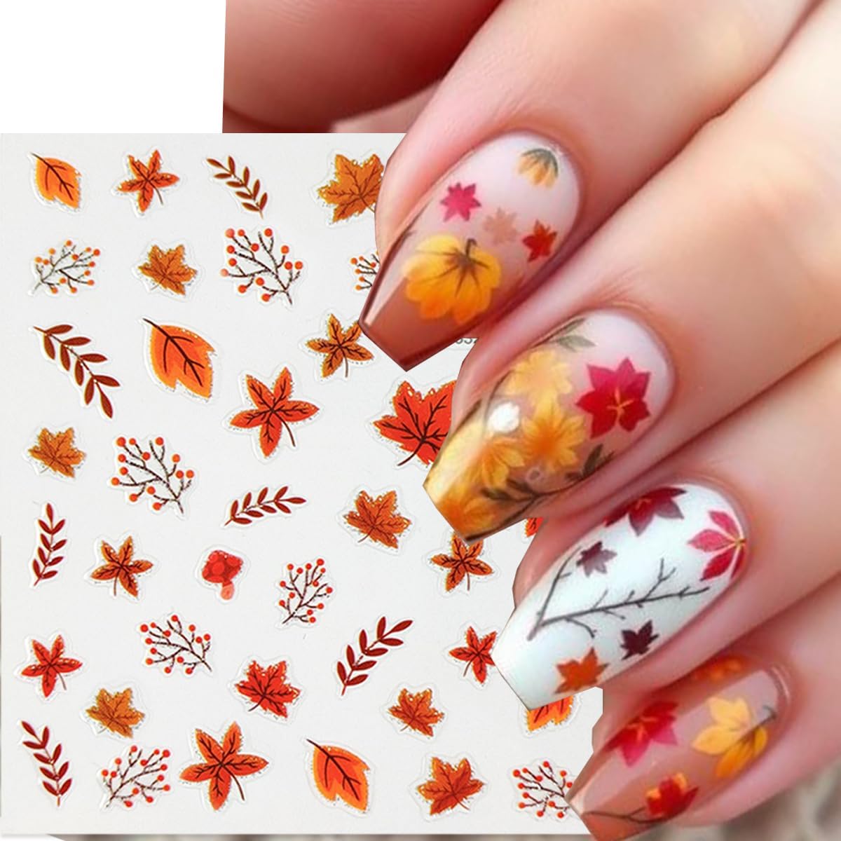 8 Sheets Maple Leaf Nail Stickers Pumpkin Nail Decals Orange Nail Art Stickers Fruit Leaves Mushroom with Glitter Design Autumn Nail Sticker for Nail Art for Women DIY Thanksgiving Manicure Supplies