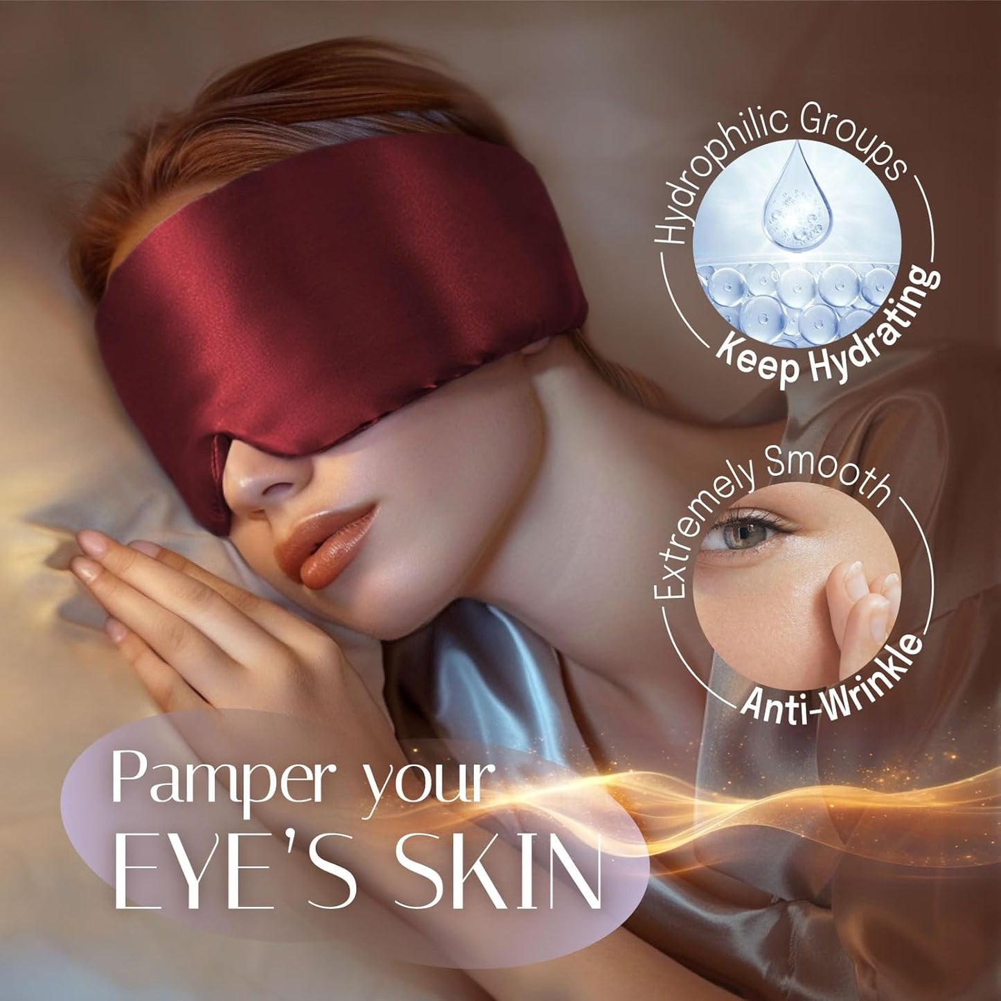 Silk Sleep Mask Soft Pressureless: 100% Mulberry Silk for Eye Skin Anti Wrinkles, Large Size for Total Blackout, Adjustable Wide Velcro Ear Cover, Burgundy
