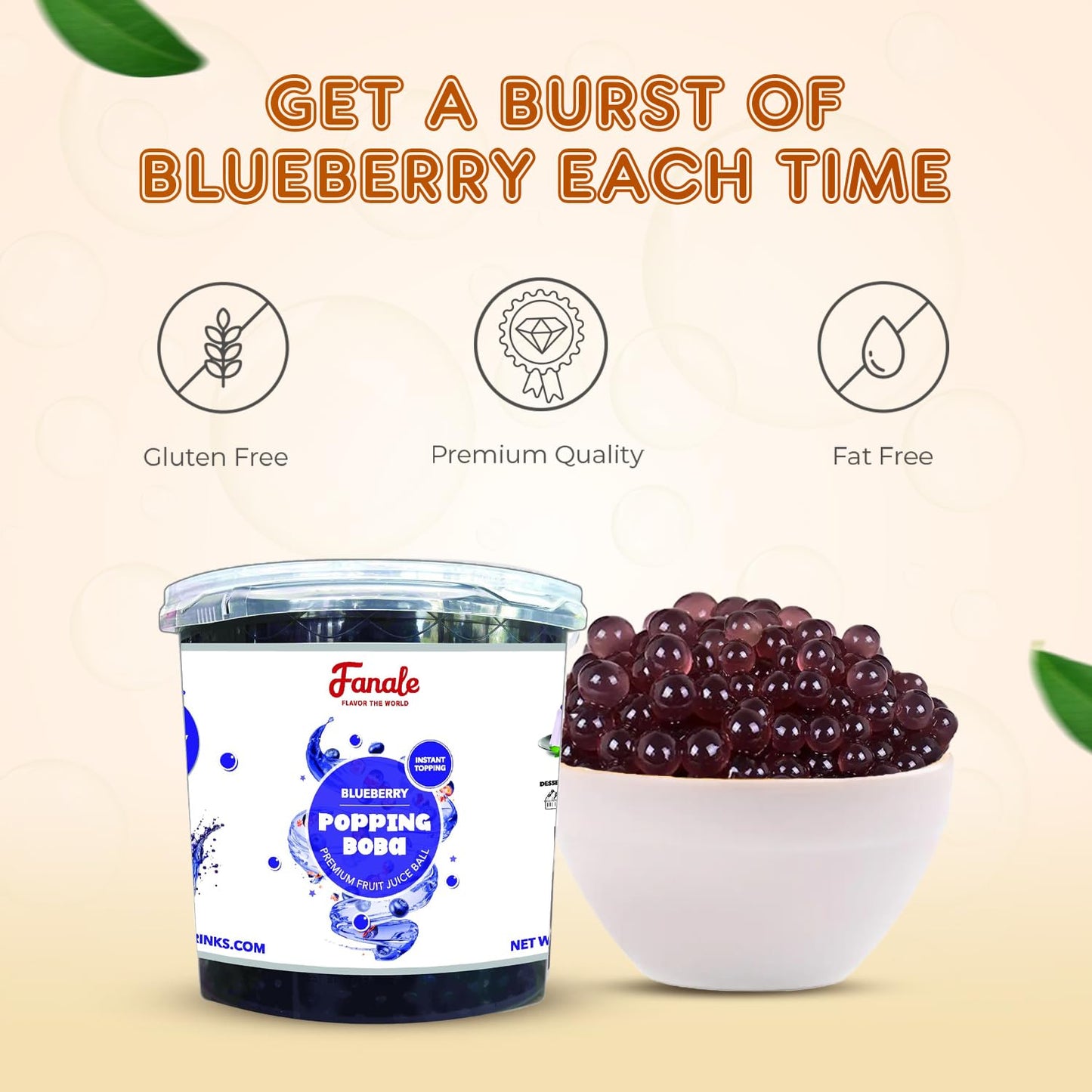 Fanale Blueberry Popping Boba Pearls, Vegan, Non GMO, Gluten Free, Fat Free, Perfect for Bubble Tea, Smoothies, Ice Cream, Desserts, and Beverages.