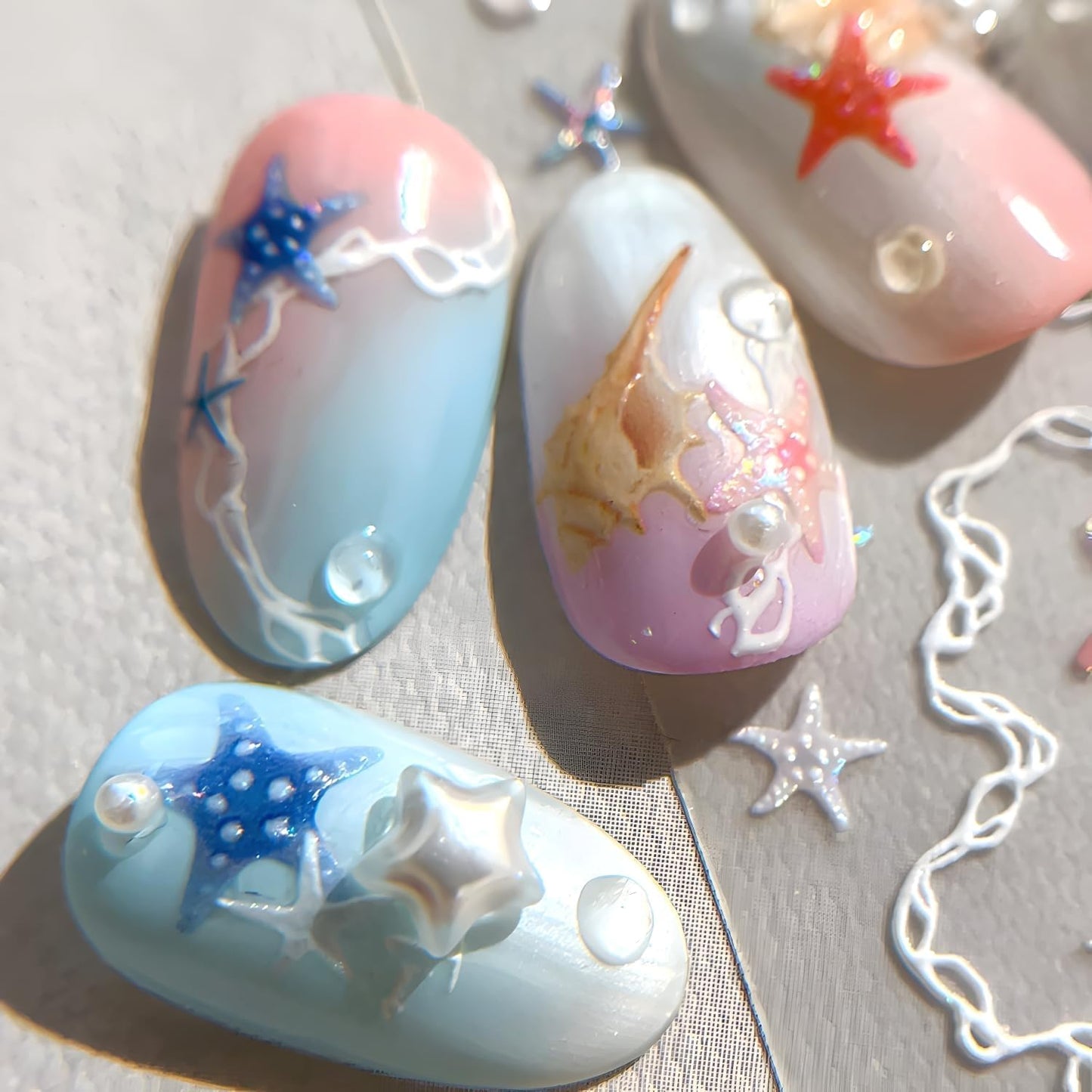 2 Sheets Starfish Nail Stickers for Nail Art 5D Embossed Ocean Nail Decals Summer Nail Stickers Colorful Nail Art Supplies Design Accessories for Women Acrylic Manicure DIY Decoration