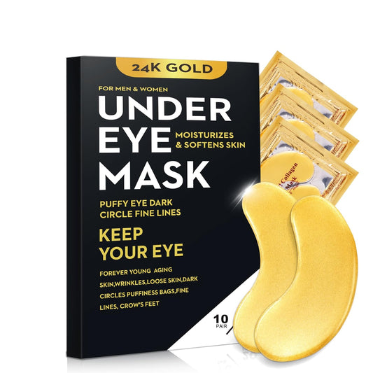 20Pcs/10Pairs Under Eye Patches Gold for Dark Circles, Puffy Eyes, and Wrinkles, 24K Gold Eye Mask for Face, Eye Cream for Men and Women