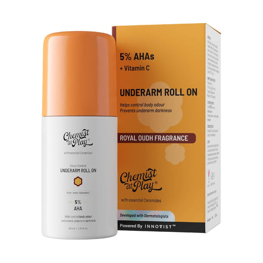 UnderArm Roll-On with 5% AHA| Lactic & Mandelic Acid|Prevents Odour, Brightens Skin & Exfoliates Underarm| For Sensitive Skin|Royal Oudh Fragrance | Alcohol & Aluminium Free|1.35 fl oz