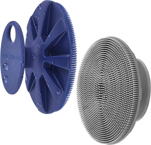 INNERNEED Silicone Face Exfoliating Brush Manual Handheld Facial Cleansing Scrubber Blackhead Remover, Food-Grade Soft Bristle (Dark Blue+Gray)