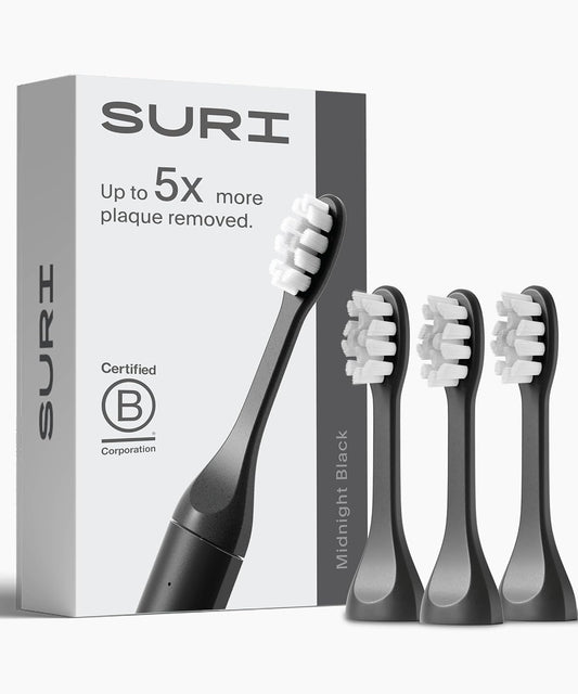 SURI Recyclable Plant-Based, Electric Toothbrush Heads - Built-in Tongue Scraper, Long Lasting Replacement Heads | Compatible Only Sonic Electric Toothbrush - Midnight Black, Pack of 3