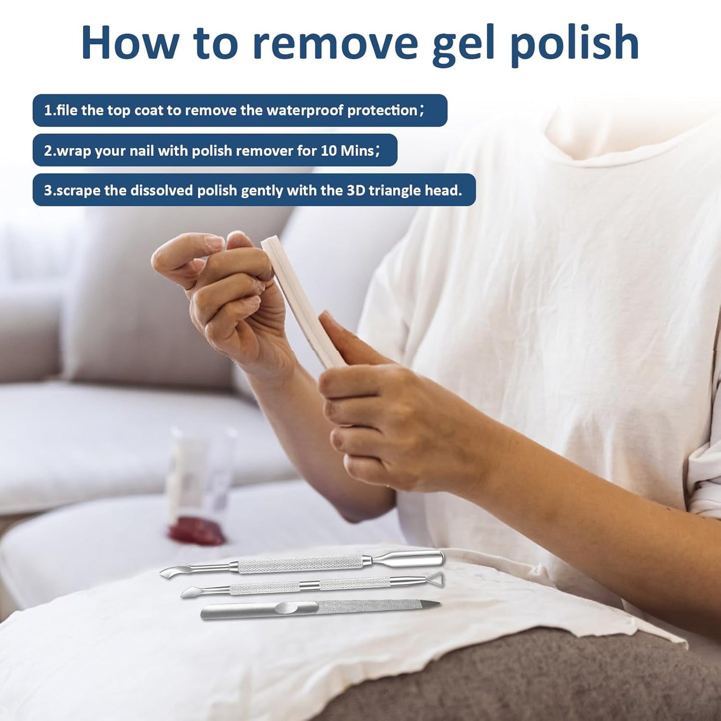 3PCS Cuticle Pusher and Gel Polish Remover Set with Nail Files, Salon Quality Metal Acetone Gel Nail Polish Peeler Scraper Durable Professional Manicure Pedicure Cleaner Tool For Fingernail Toenail