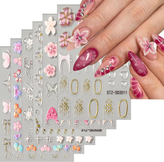 6 Sheets Flower Nail Art Stickers 5D Self-Adhesive Nails Sticker Floral Butterfly Nail Art Decals Holographic Decal Decoration for Women Golden Bow Manicure Stickers DIY Nail Sticker Supplies