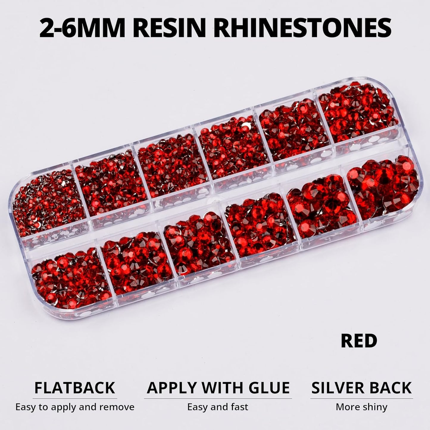 6000Pcs Red Rhinestones for Crafting Bedazzling with b-7000 Jewelry Glue, Resin Flatback Crystals Diamonds for Crafts Clothing Clothes Shoes Decoration, Flat Back Gems Different Sizes