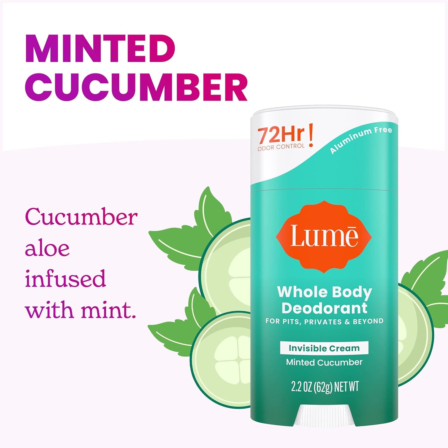 Lume Whole Body Deodorant - Invisible Cream Stick - 72 Hour Odor Control - Aluminum Free, Baking Soda Free, Skin Safe - 2.2 Ounce (Pack of 2) (Minted Cucumber)